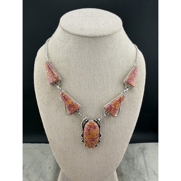 Estate Jewelry - Vintage Stone Pink Statement Necklace Polished Jasper 20"